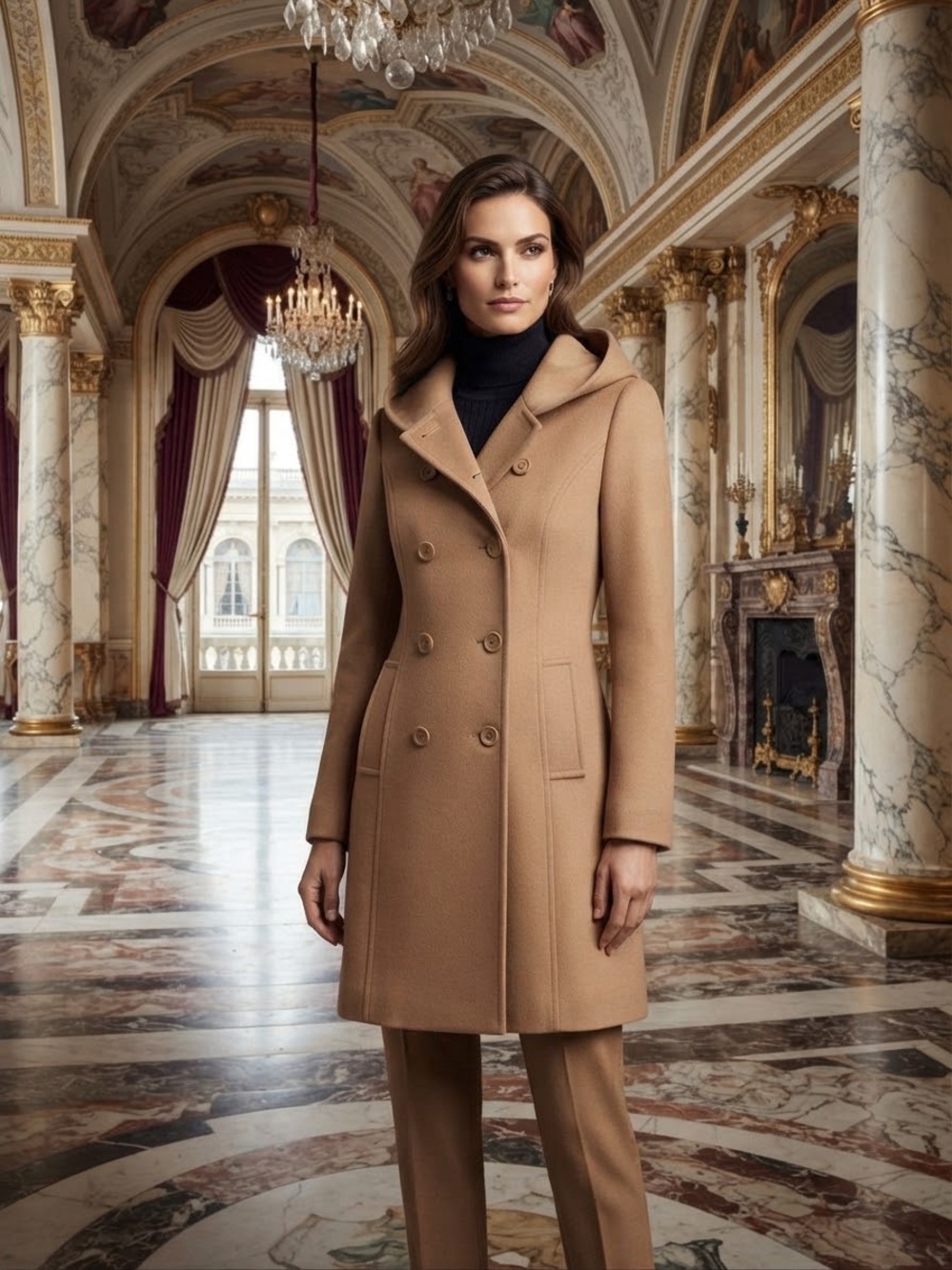 Wool Blend Double-Breasted Pea Coat in Camel